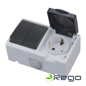 Slēdzis dub. + rozete, Horoz, ATOM, a/z, IP54, pelēks, v/a