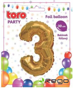 Balons cipars 3, 30cm, folijas, zelta krāsā