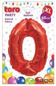 Balons cipars 0, 60cm, folijas, sarkans