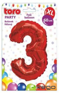 Balons cipars 3, 60cm, folijas, sarkans