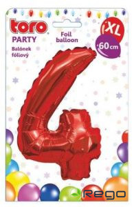 Balons cipars 4, 60cm, folijas, sarkans