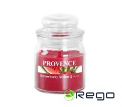 Svece arom. stikla gl. ar vāku 9cm Zemene