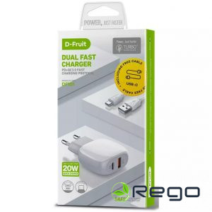 D-Fruit lādētājs USB-A + USB-C + USB-C kabelis 1m (DF101)