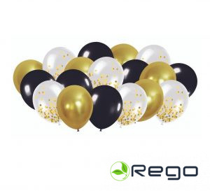Festi balonu komplekts melni/zelta/konfetti 18gab