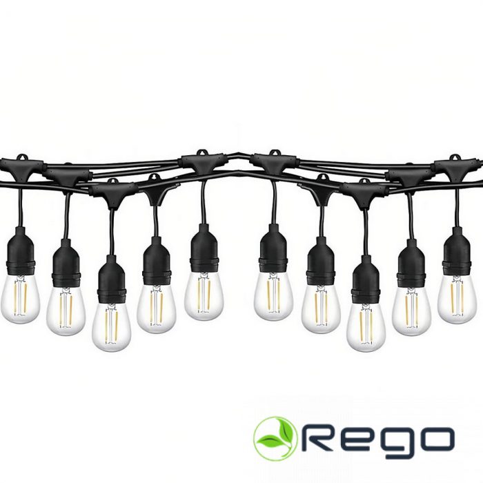 LED dārza virtene - 10m garš, IP44, melns + 10 LED spuldzes 1W E27, 3000K