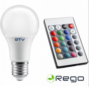 GTV LED spuldze, RGBW, A-G, 3000K, A60, E27, 9W, 200°, 830lm, 78mA, RGBW pults