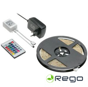 5m RGB lentes komplekts ar 150 gaismas diodēm, IR24 kontrolieri un 25W barošanas bloku, IP20